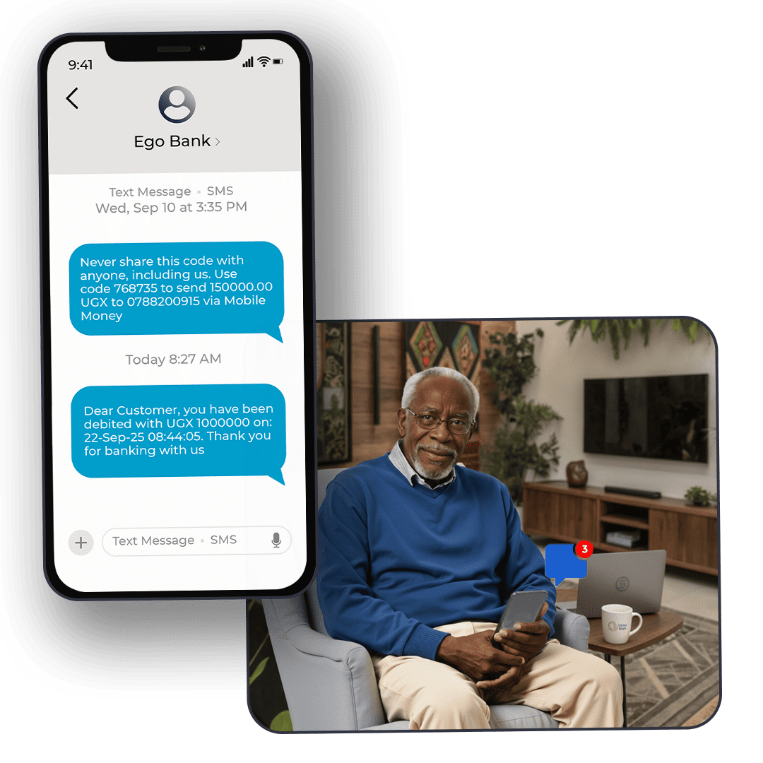 A phone mockup showing SMS OTP and login confirmations from a bank.