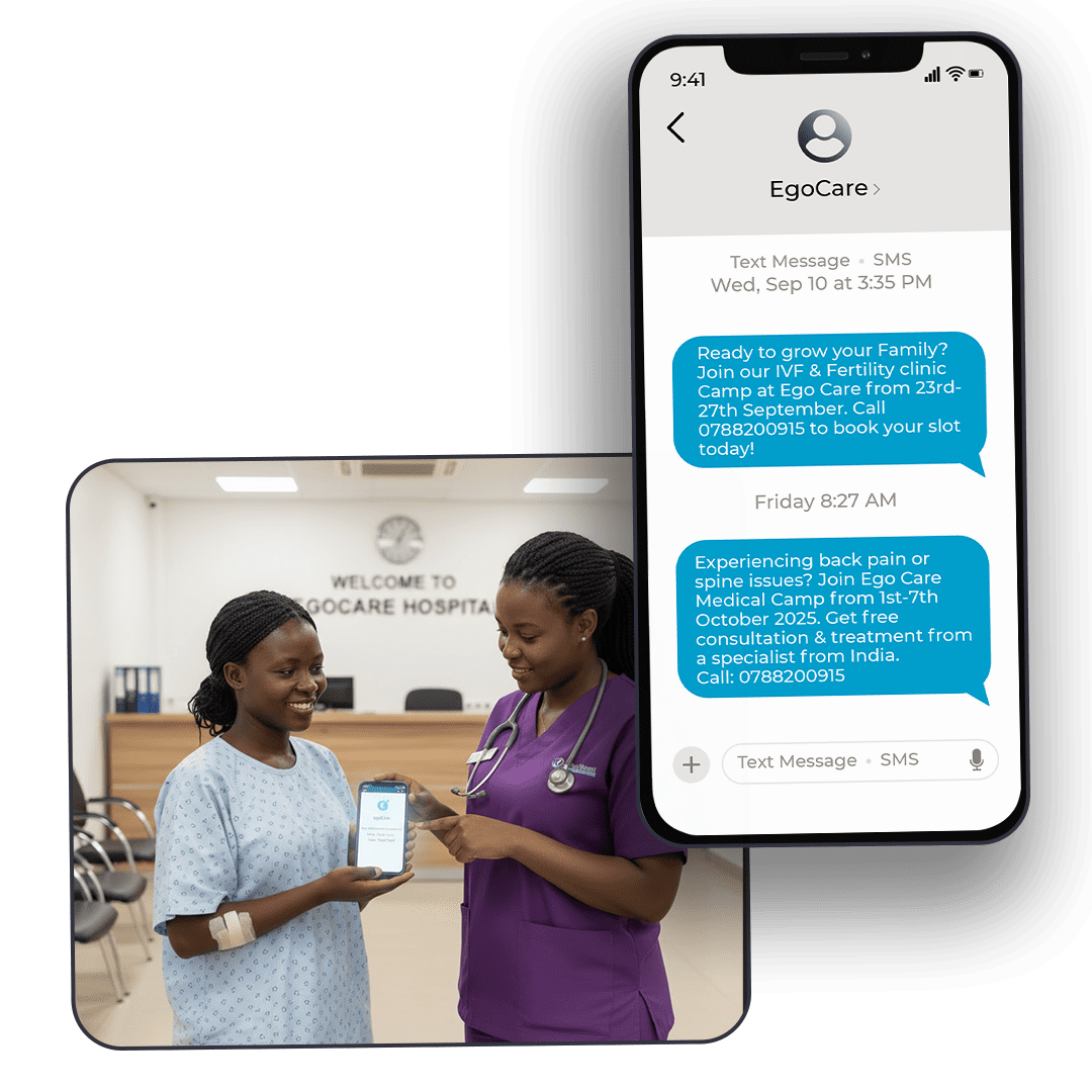 A mockup showing SMS appointment reminders and medical alerts from a hospital.
